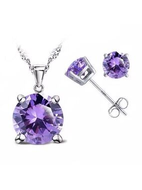 Swarovski Elements Amethyst Purple 925 Sterling Silver Solitaire Necklace SET